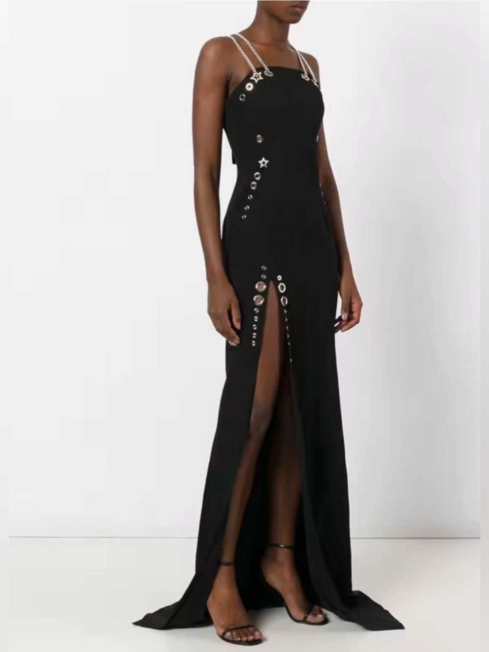 NWT Innovare Denim Balbus Black Chain Strap Grommet Cutout Slit Maxi Dress Small